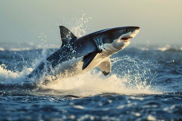 a great white shark breaching out of the water, its powerful body twisting mid-air with water spraying around it.