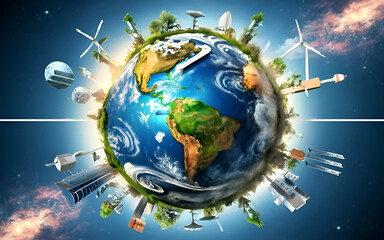Naklejka premium A digital rendering of Earth with green energy symbols like wind turbines and solar panels, green Planet, dynamic and dramatic compositions, generated ai