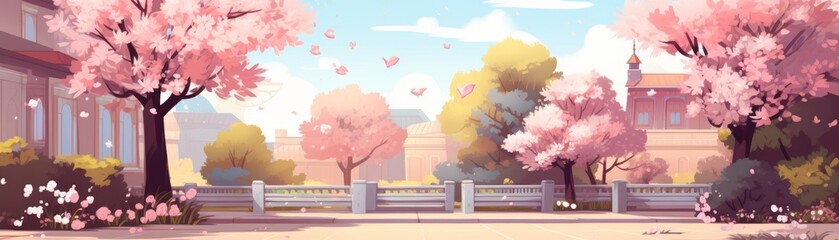 A serene spring scene with cherry blossoms in full bloom, gentle petals falling, and a peaceful park-like setting under a bright sky.