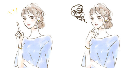 明るい表情の女性と悲しい表情をした女性のイラストセット