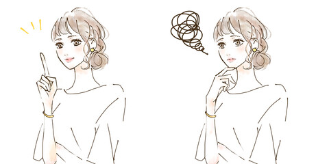 女性のイラストセット　悩みと解決　before after シンプル