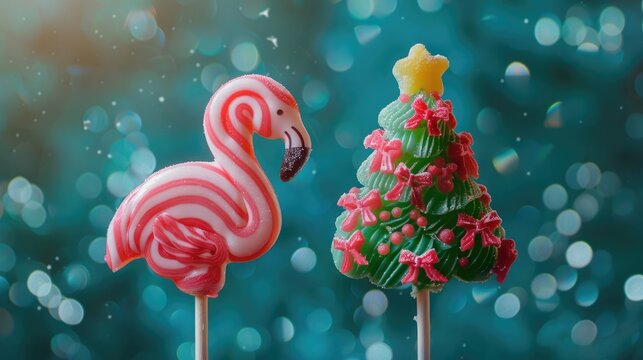 Two lollipops shaped like a lovely flamingo and a Christmas tree adorned with holiday decorations