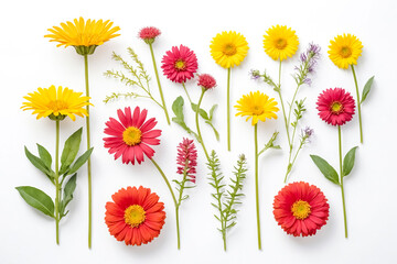 Yellow and Red Gerbera Daisies with Green Stems on White Background