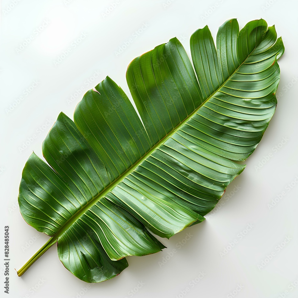 Wall mural banana leaf isolated on white background with shadow. green rectangular shaped leaf