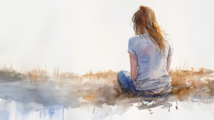 A woman sits on the ground with her head down. She is wearing a white shirt and blue jeans. The scene is set in a field with a body of water in the background. Scene is sad and contemplative