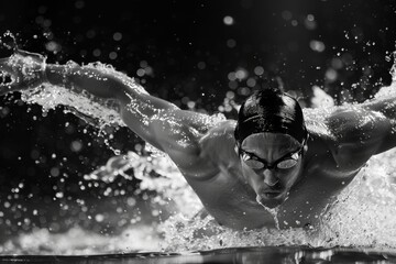 Intense Swimmer Executing Powerful Butterfly Stroke in Black and White - Perfect for Sports Poster or Coaching Materials