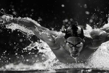 Intense Swimmer Executing Powerful Butterfly Stroke in Black and White - Perfect for Sports Poster or Coaching Materials - Powered by Adobe
