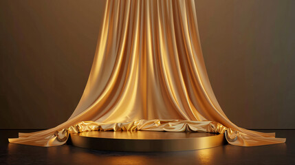 Podium gold fabric product background 3d luxury golden stage silk cloth abstract display. Fabric gold elegant premium podium platform beauty studio pedestal scene light design stand presentation black