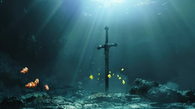 a magical sword stuck in the seabed is very beautiful. seamless looping time-lapse virtual 4k video Animation Background.