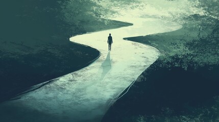 A man is walking down a road in the woods. Scene is somber and lonely