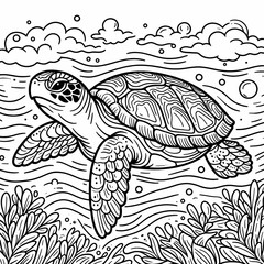 Fototapeta premium Sea Turtle in Underwater Scene - Kids' Coloring Book Page