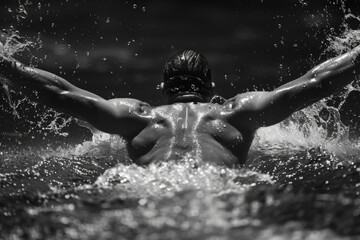 Powerful Swimmer in Action - Dynamic Backstroke, Muscular Arms, and Splashing Water - Black and White Sports Photography