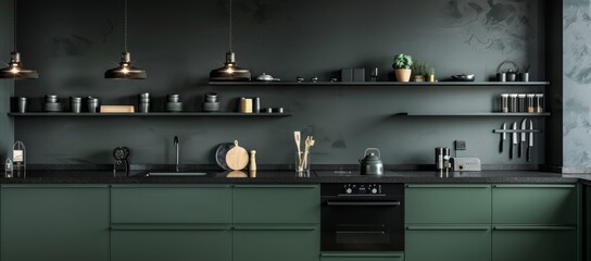 Elegant kitchen space with deep green cabinets, black open shelving, and vintage industrial light fixtures