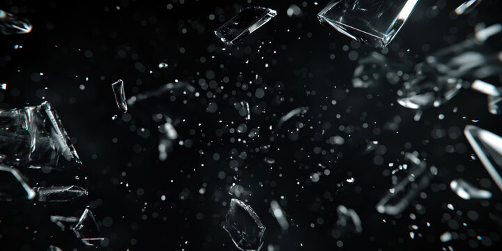 Texture of shattered glass featuring fragments and bits of shards flying in the air. Black background contrasting with the broken glass pieces. Motion blur and bokeh effect.