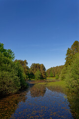 Reflections on the water surface of Loch Auchnacree high up in the Angus Glens on a bright Summers...