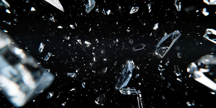 Dynamic glass texture featuring shattered pieces with bits and shards exploding in the air. Black backdrop contrasting with the fragments of broken glass pieces. Blur and bokeh motion effect.
