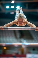 Fototapeta premium Gymnast Performing Complex Routine on Uneven Bars in Arena - Mobile-Friendly Vertical Image for Sports Content and Design