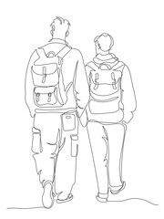 2 men tourists with backpacks walking away. Rear view. Continuous line drawing. Black and white vector illustration in line art style.