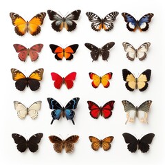 Collection of colorful butterflies with various patterns. on a white background