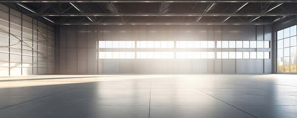 3d rendering of large hangar building and concrete floor and open shutter door in perspective, Open Doors: 3D Rendered Hangar Building with Perspective View