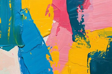 A closeup of an abstract painting with bold, blue and green brushstrokes on a canvas, with pink accents
