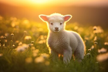 Obraz premium Cute lamb on green meadow during sunrise