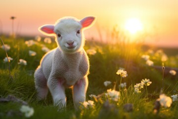 Obraz premium Cute lamb on green meadow during sunrise