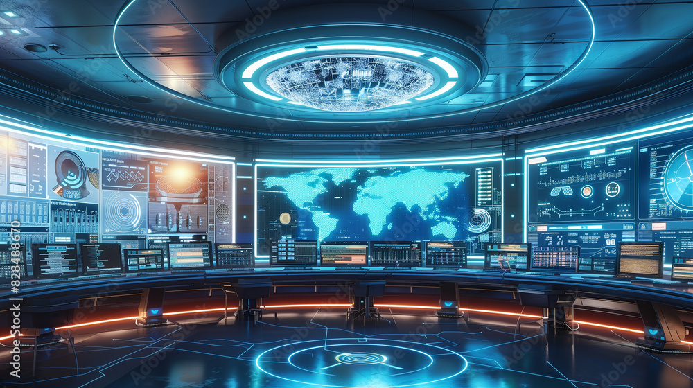 Poster a futuristic cityscape with a large screen displaying a map of the world. scene is one of technologi