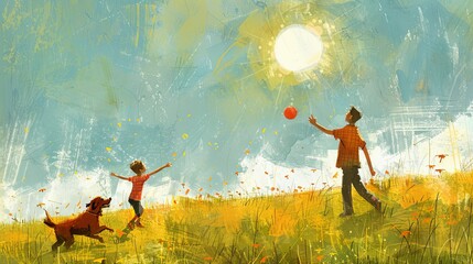 whimsical of a father and son playing catch in green field, with a friendly dog running alongside them and a bright sun shining above, representing fun and outdoor activities. Generative AI