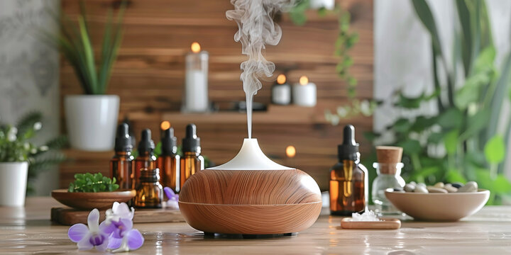 Essential oil diffuser surrounded by bottles of herbal oils, illustrating the connection between aromatherapy and beauty