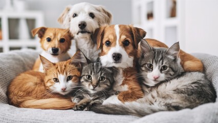 A group of dogs and cats are sitting on a couch, AI