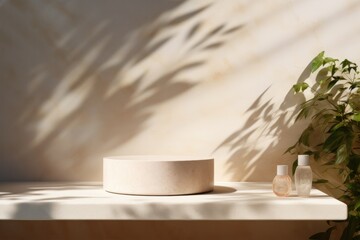 An elegant empty white stone tabletop in sunlight casts shadows on the leaves on a creamy white wall for cosmetics.