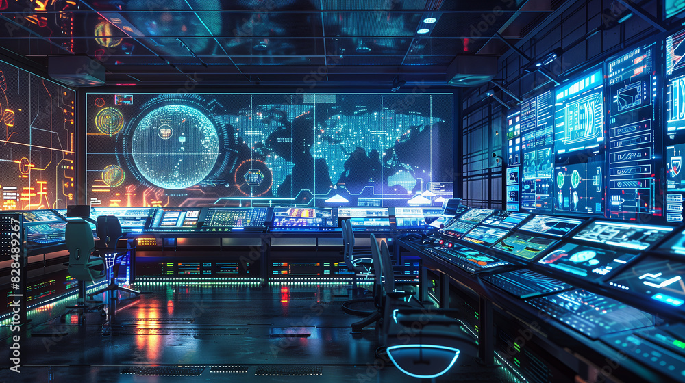 Poster a futuristic cityscape with a large screen displaying a map of the world. scene is one of technologi