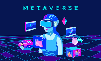 The woman wearing 3D VR glasses in the environment inside the metaverse seems to be in the virtual world of creativity and digital entertainment in the cyber world.