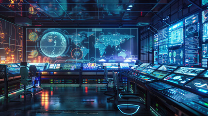 Obraz premium A futuristic cityscape with a large screen displaying a map of the world. Scene is one of technological advancement and progress