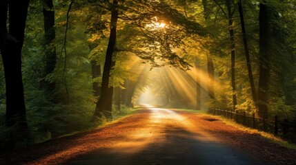 Scenery of forest road under sunlight at sunset in winter