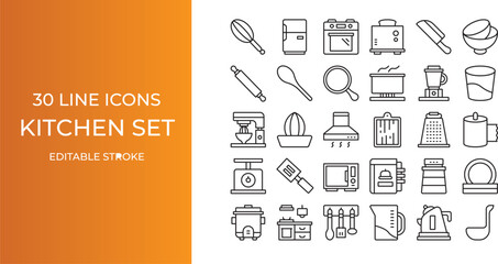 Kitchen set icon set vector line editable stroke. oven, knife, glass, pan and more