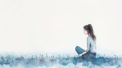 A woman sits in a field of grass, looking off into the distance. The scene is serene and peaceful, with the woman's posture and the surrounding landscape conveying a sense of calm and introspection