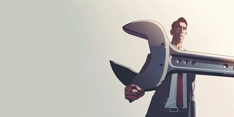 Businessman Holding Giant Wrench