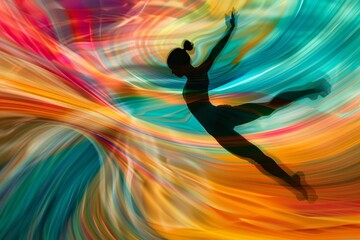 Graceful Gymnastics Leap Captured with Dynamic Motion Blur and Abstract Colorful Background