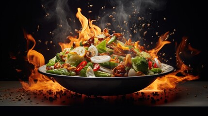 Pan on gas stove and flames. Chef cooking