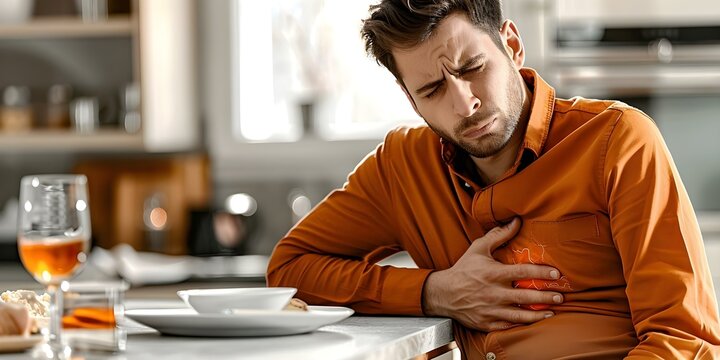 Person experiencing acid reflux discomfort after meal leaning back with hand on chest. Concept Health, Digestive Issues, Acid Reflux, Discomfort, Leaning Back