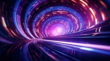 A colorful, swirling tunnel with a purple light at the end