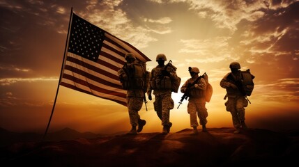 group of american soldiers Sunset with American flag