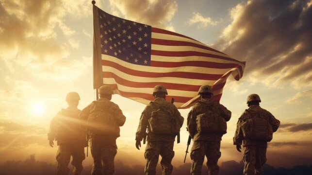 group of american soldiers Sunset with American flag