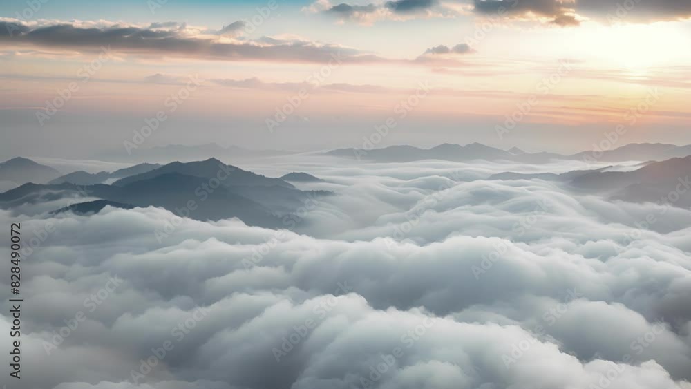 Poster the tops of mountains appearing to be floating in a sea of clouds creating a surreal and otherworldl