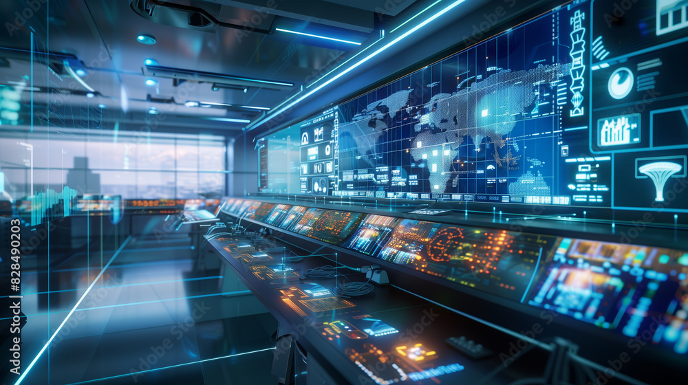Poster a futuristic cityscape with a large screen displaying a map of the world. scene is one of technologi