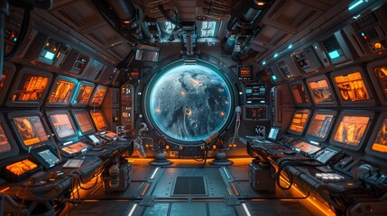 Obraz premium A space station with a large window that shows the Earth