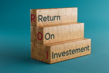 Return on Investment, ROI. Cube wooden blocks building the word ROI