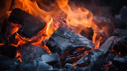 Burning hot coals, flames